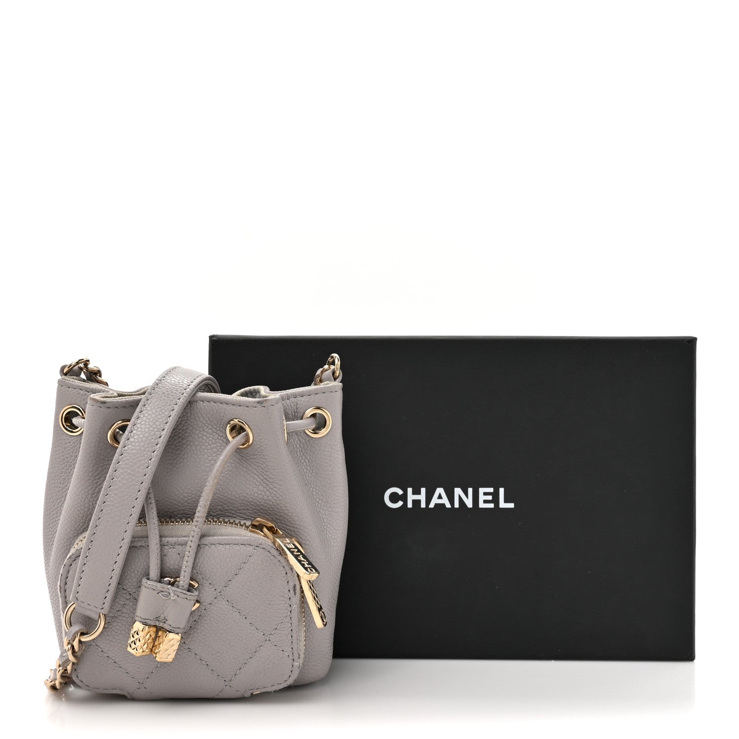Caviar Quilted Mini CC Pocket Bucket Bag Grey