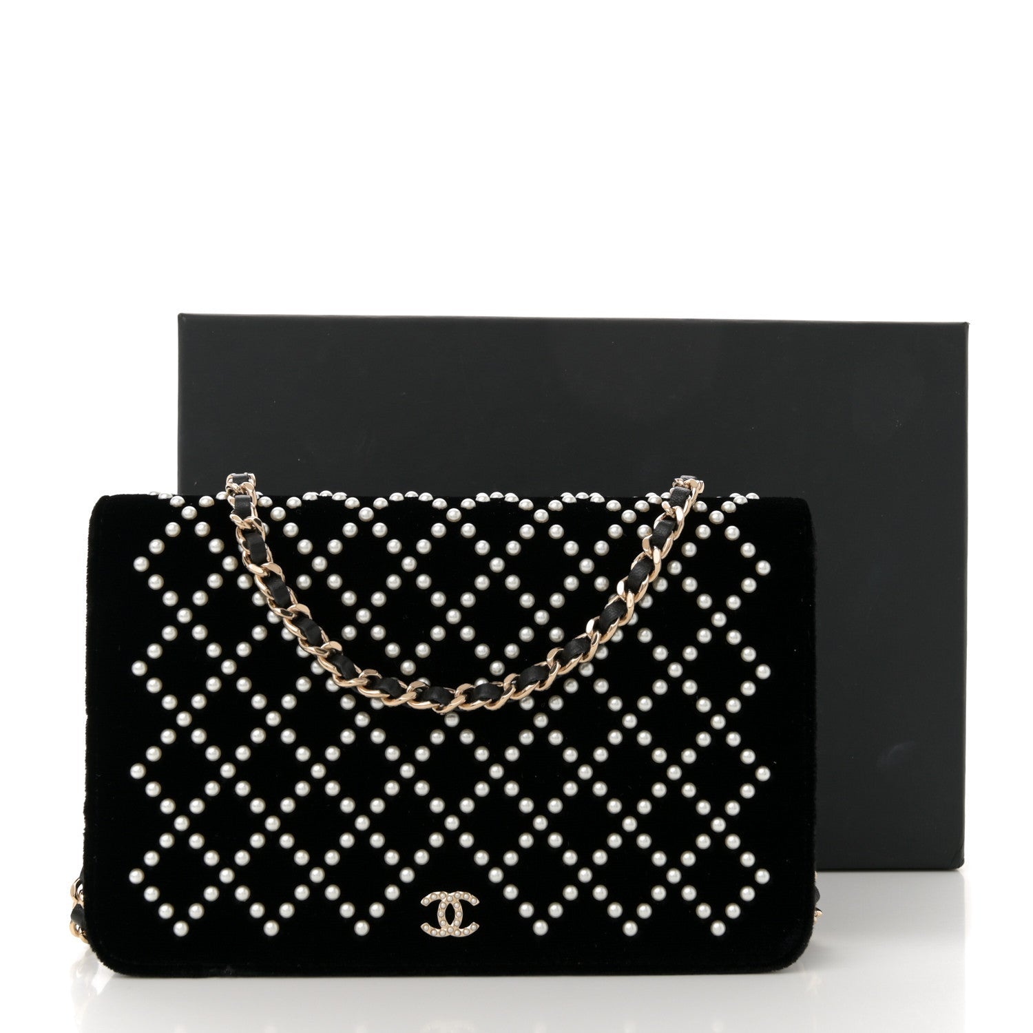 Velvet Pearl Diamond Embellished Wallet On Chain WOC Black