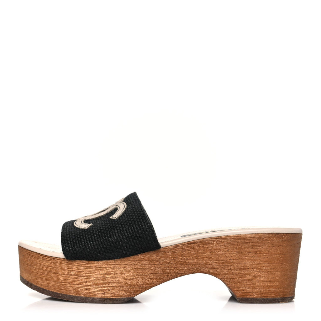 Fabric Suede Calfskin Wooden CC Clogs  36 Black Light Grey