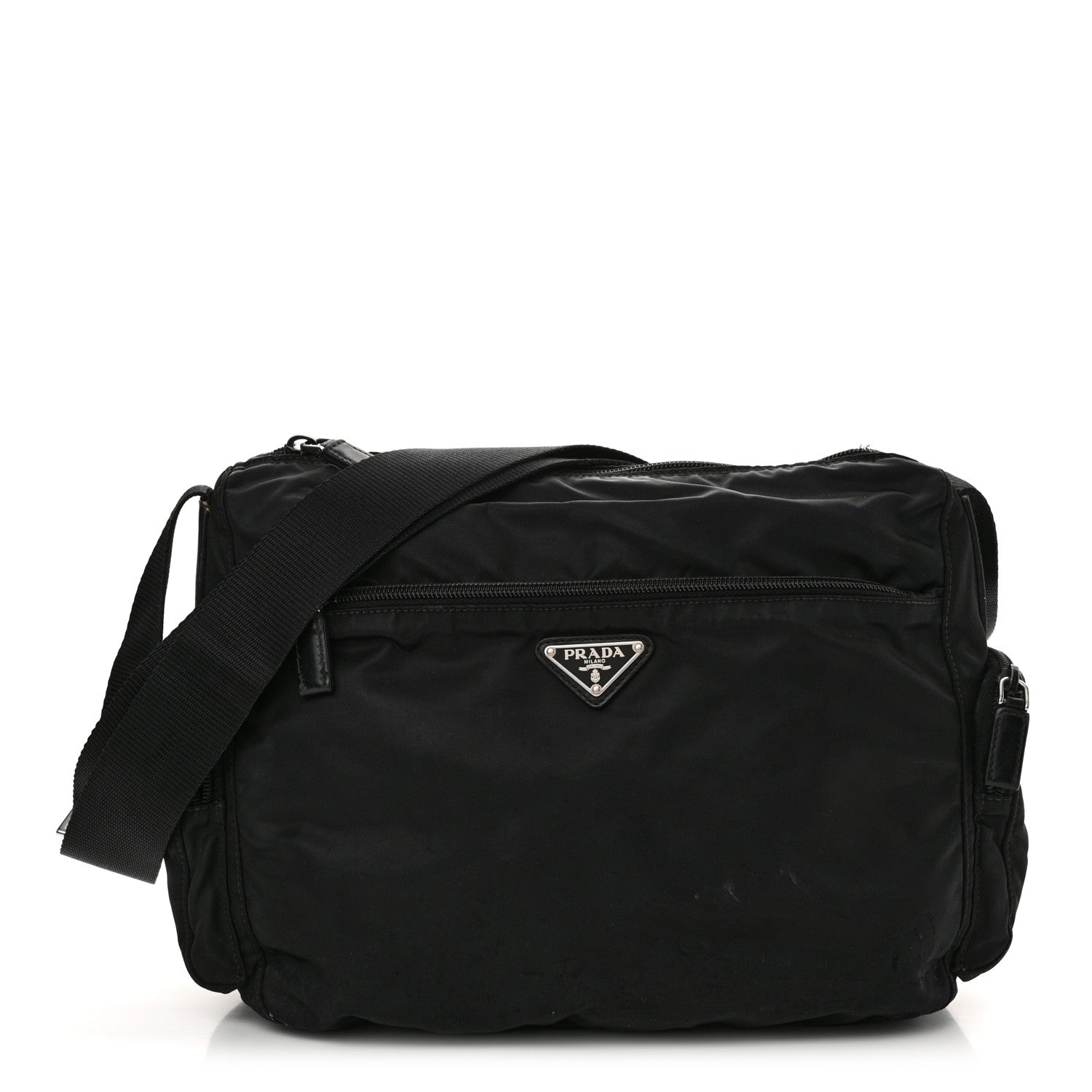 Re-Nylon Vela Saffiano Pocket Double Zip Shoulder Bag Black