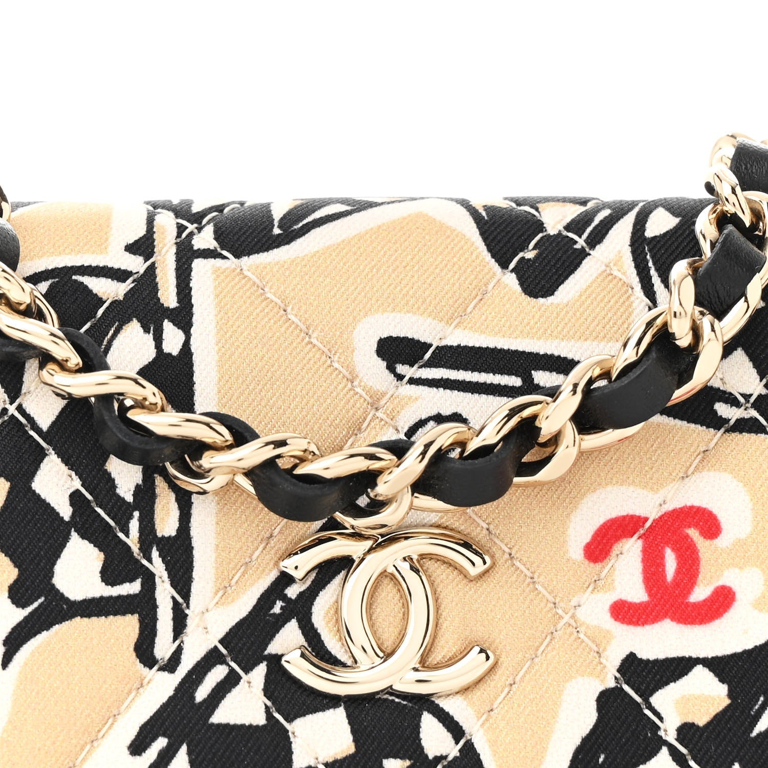 Canvas Check Flag Printed CC Clutch With Chain Beige Multicolor