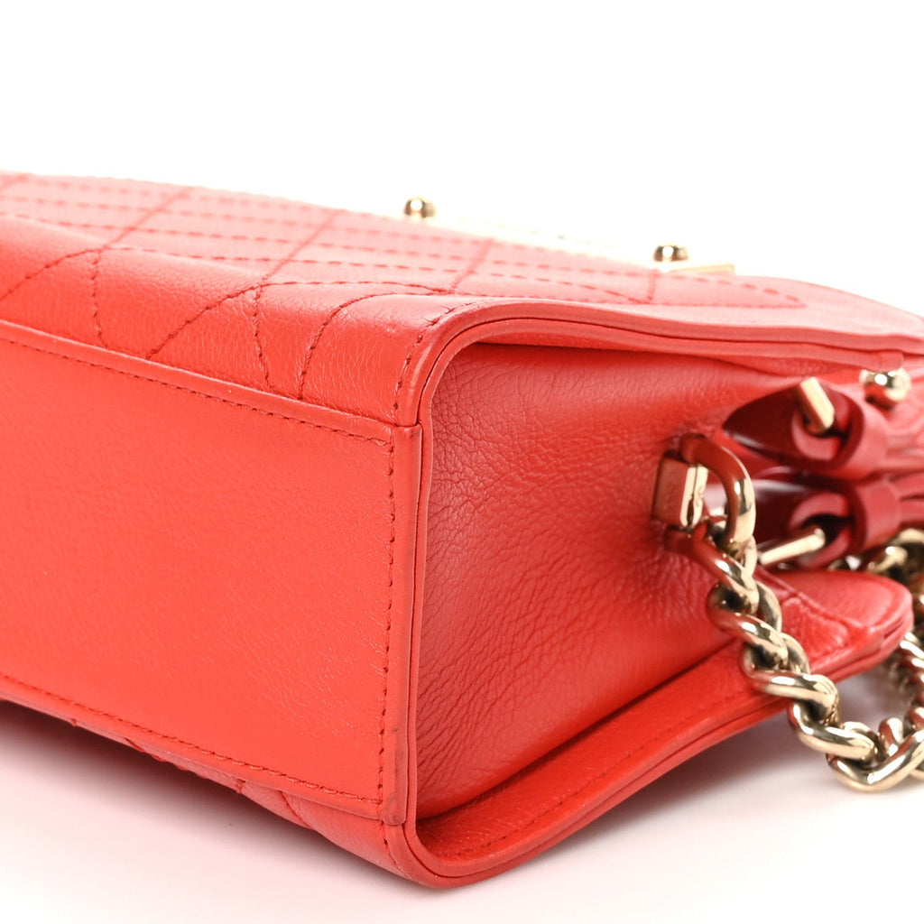 Grained Calfskin Stitched Mini Label  Shopper Tote Red