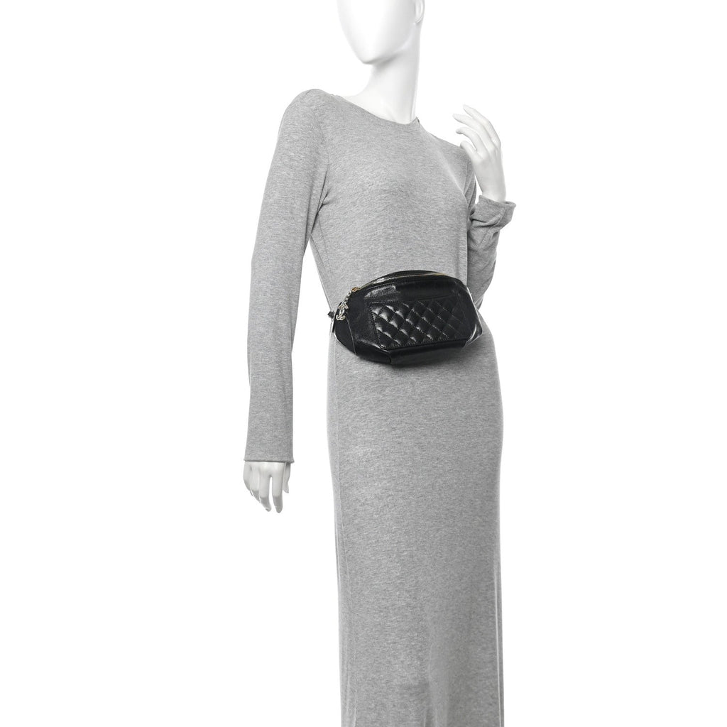 Crumpled Glazed Lambskin Quilted Waist Bag Fanny Pack Black