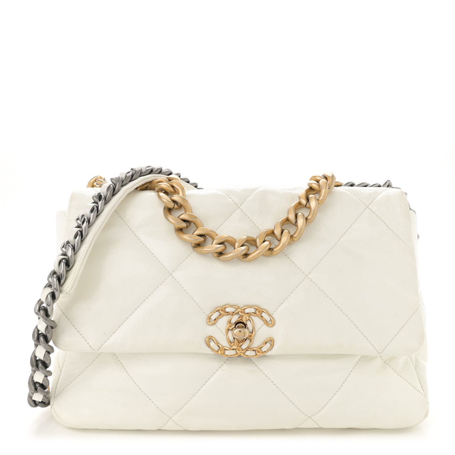 Shiny Crumpled Calfskin Quilted Medium Chanel 19 Flap White