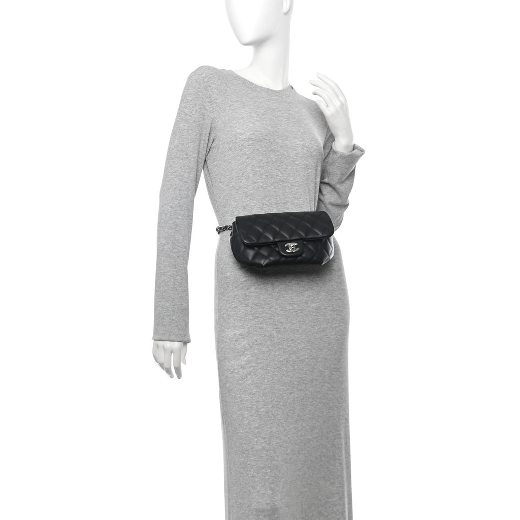 Calfskin Quilted CC Uniform Flap Belt Bag Black