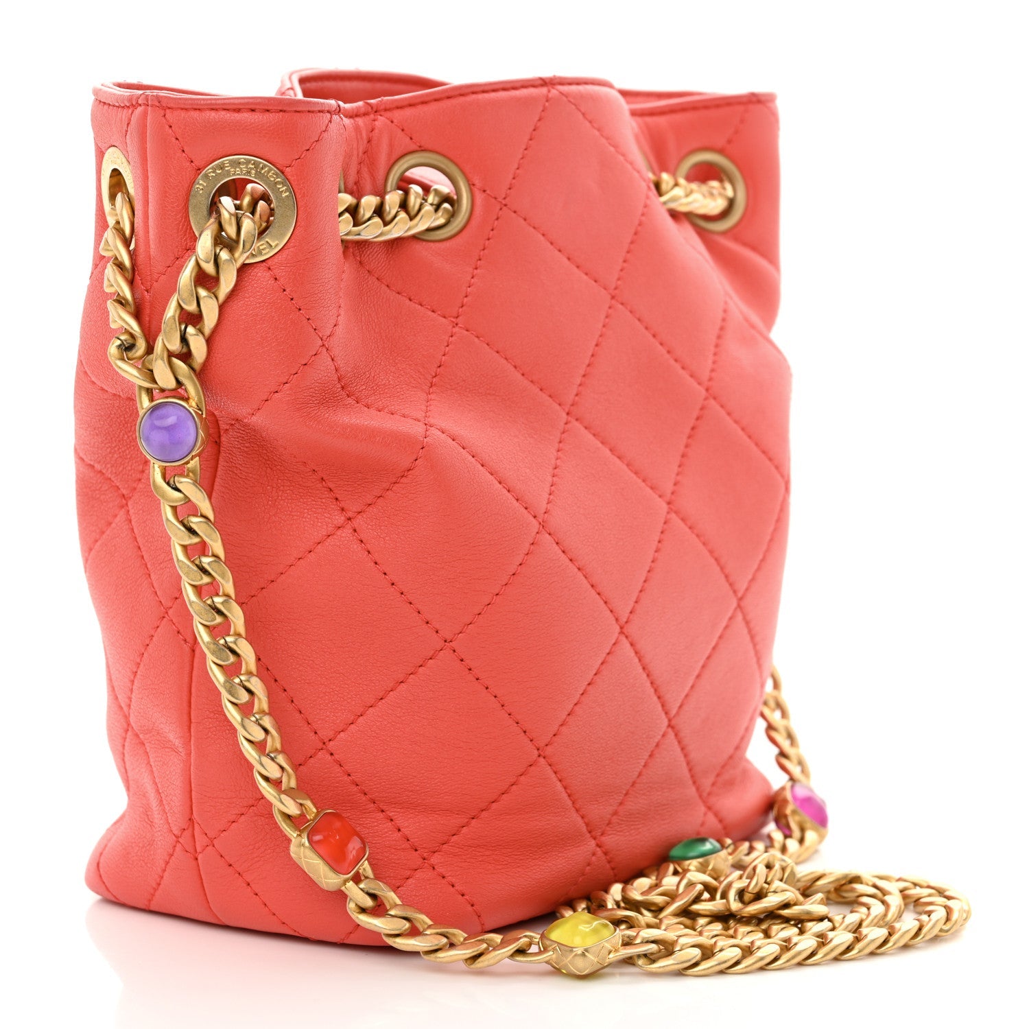 Lambskin Resin Quilted Small Pearl Samba Bucket Bag Dark Pink