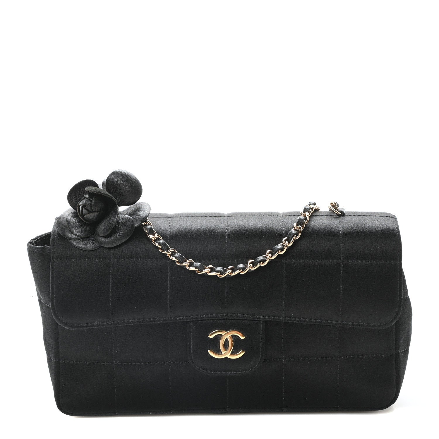Satin Chocolate Bar Quilted Camellia Rectangular Mini Flap Black