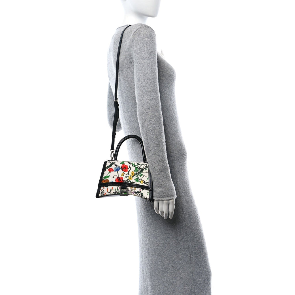 X GUCCI Canvas Boarded Plutone Calfskin Flora Logo Print Small Hourglass Top Handle Bag White Multicolor Black