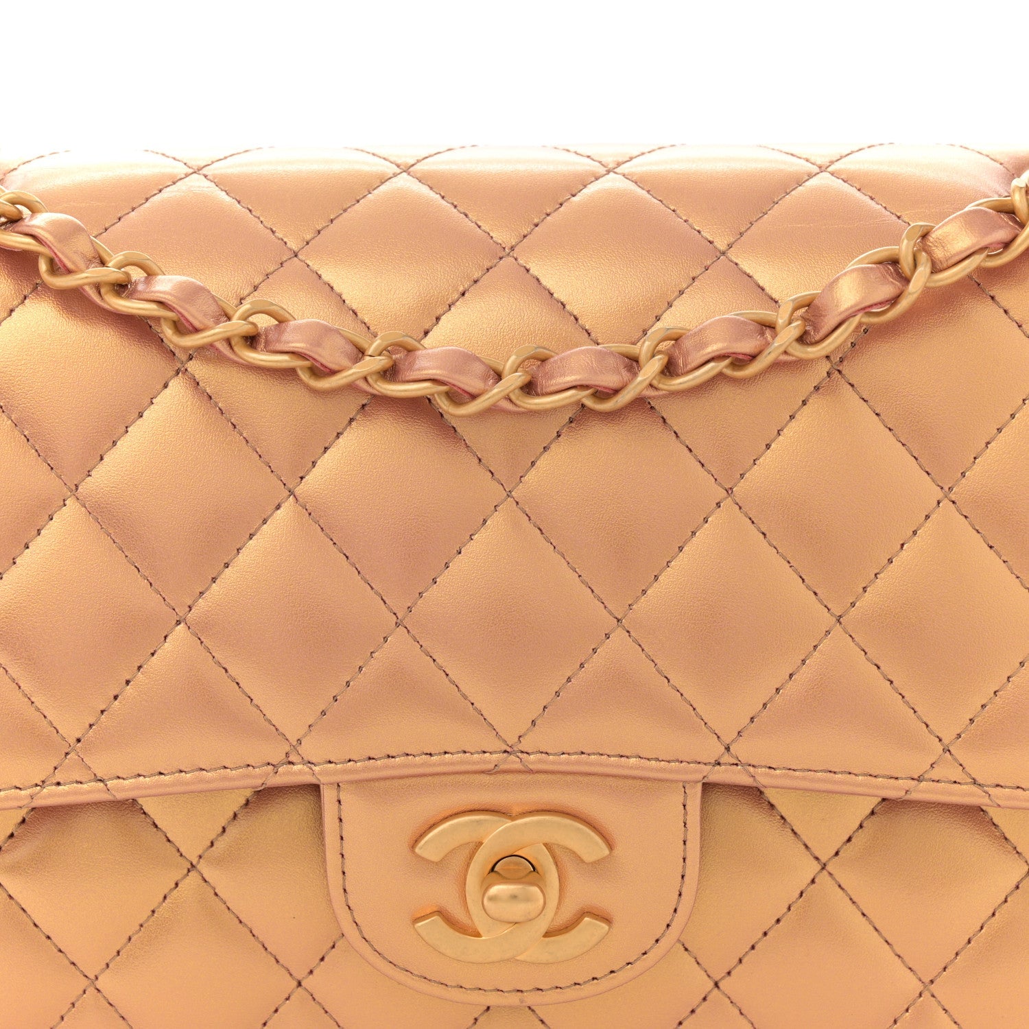 Metallic Lambskin Quilted Medium Double Flap Golden