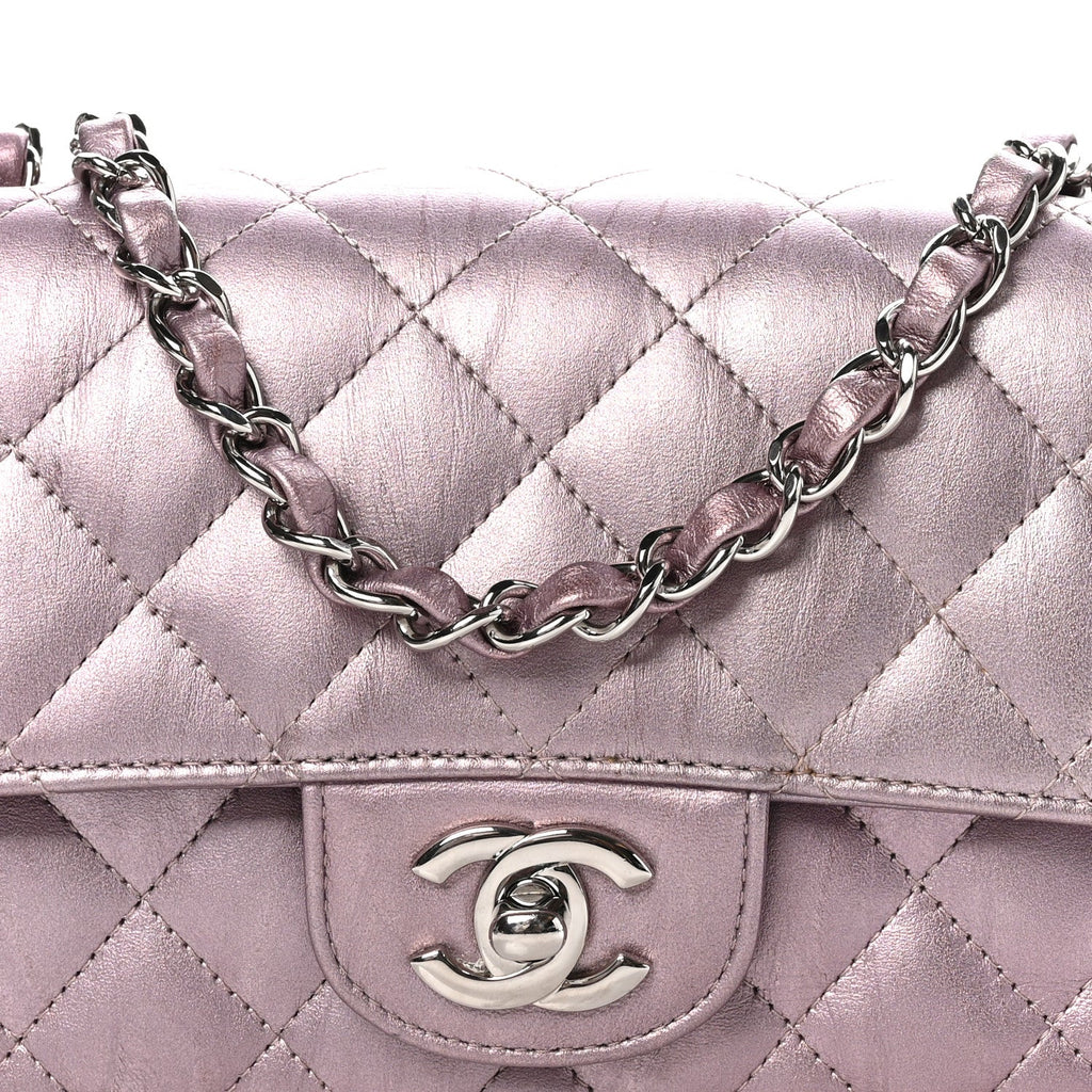 Metallic Calfskin Quilted Mini Rectangular Flap Pink