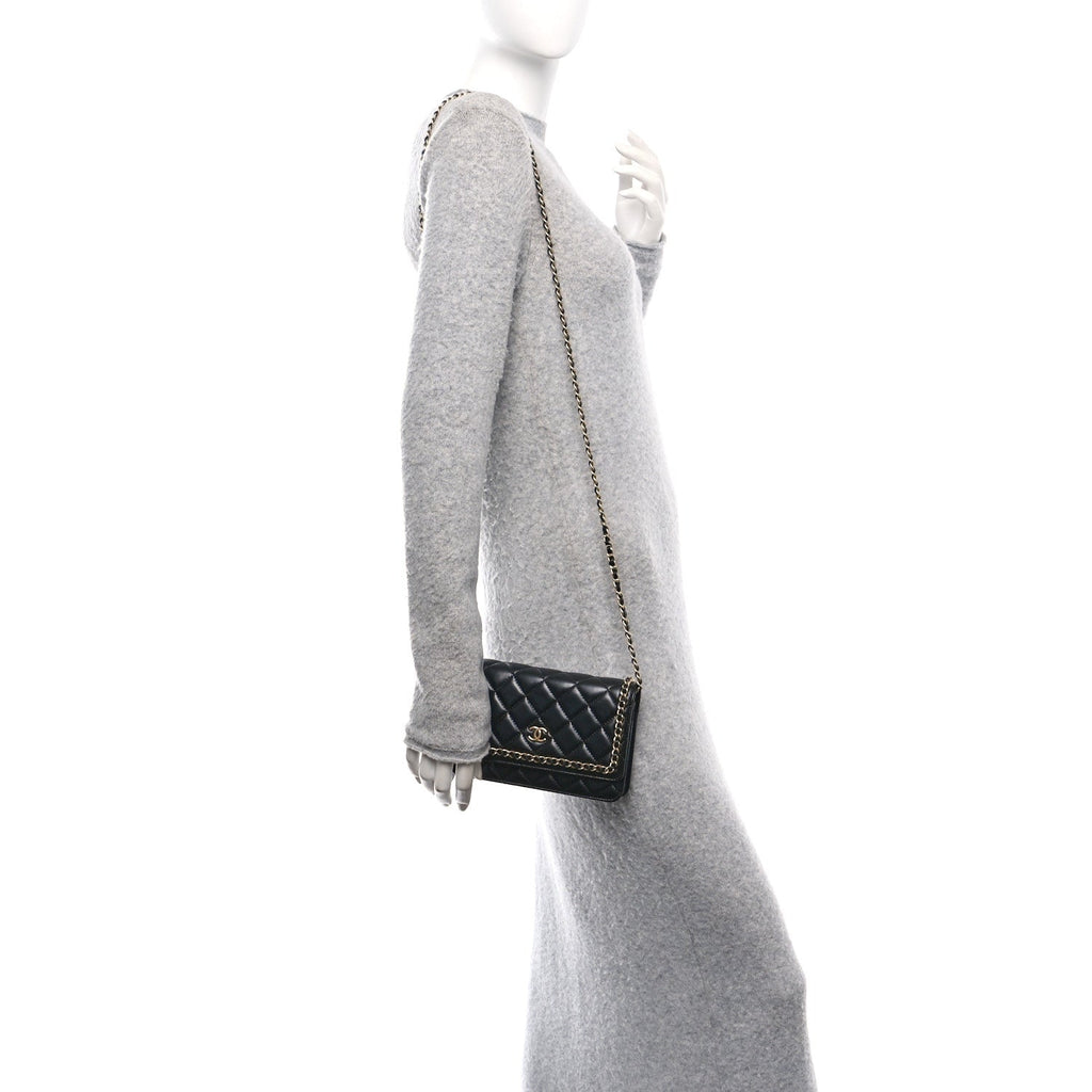 Lambskin Quilted Chain Around Wallet On Chain WOC Black