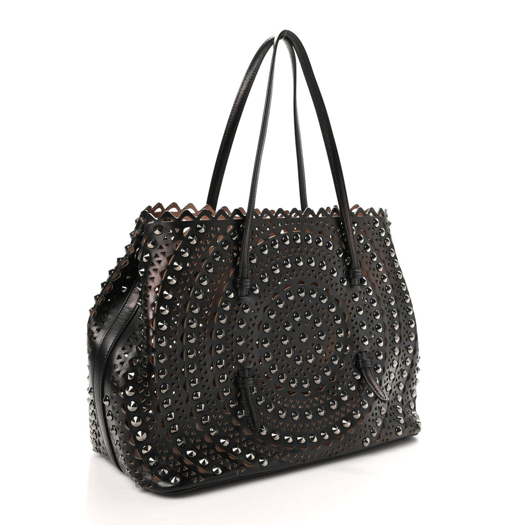 Calfskin Laser Cut Studded Mina 32 Tote Tote Black