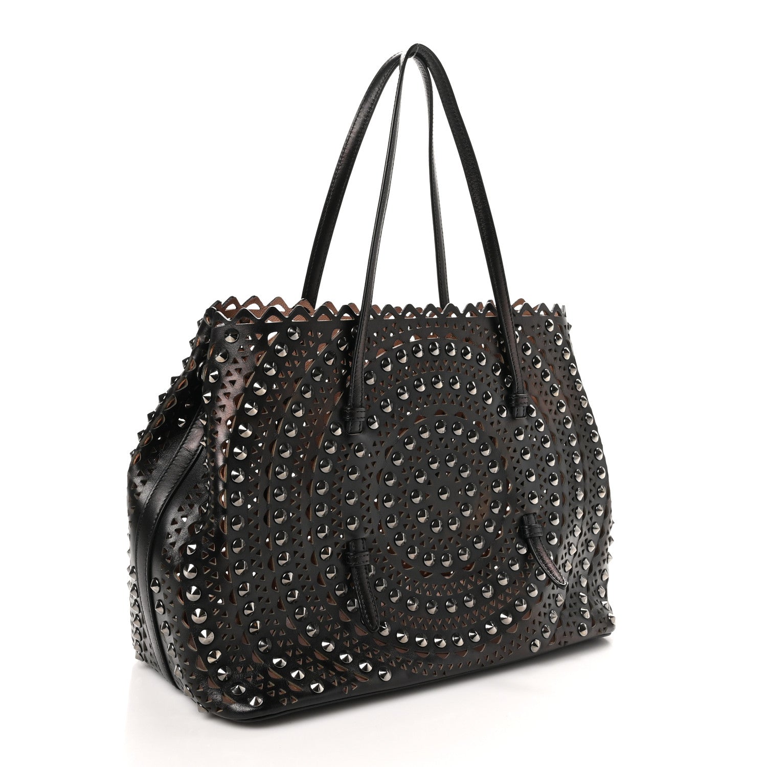 Calfskin Laser Cut Studded Mina 32 Tote Tote Black