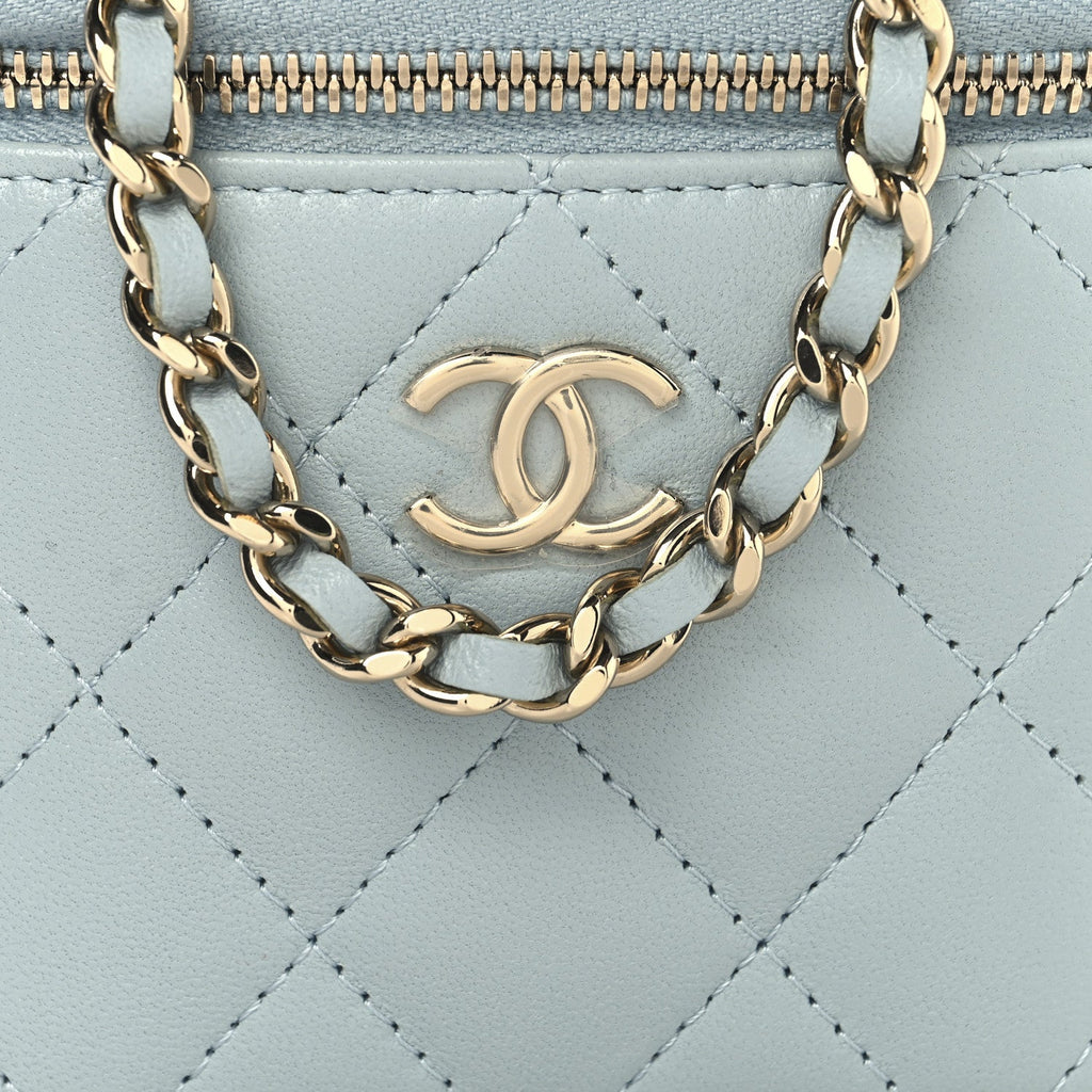 Lambskin Quilted Top Handle Mini Vanity Case With Chain Light Blue