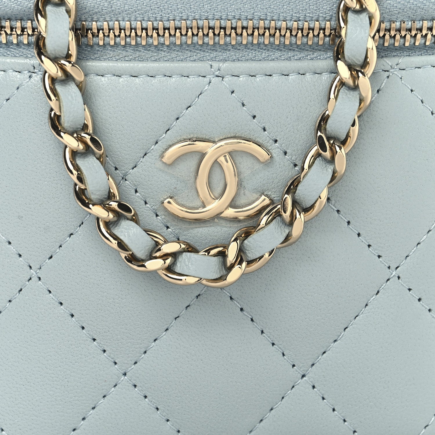 Lambskin Quilted Top Handle Mini Vanity Case With Chain Light Blue