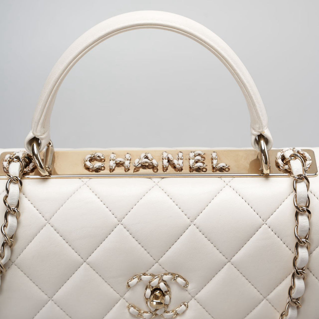 Chanel White Trendy CC Bag In Lambskin Leather With Top Handle In Small Size