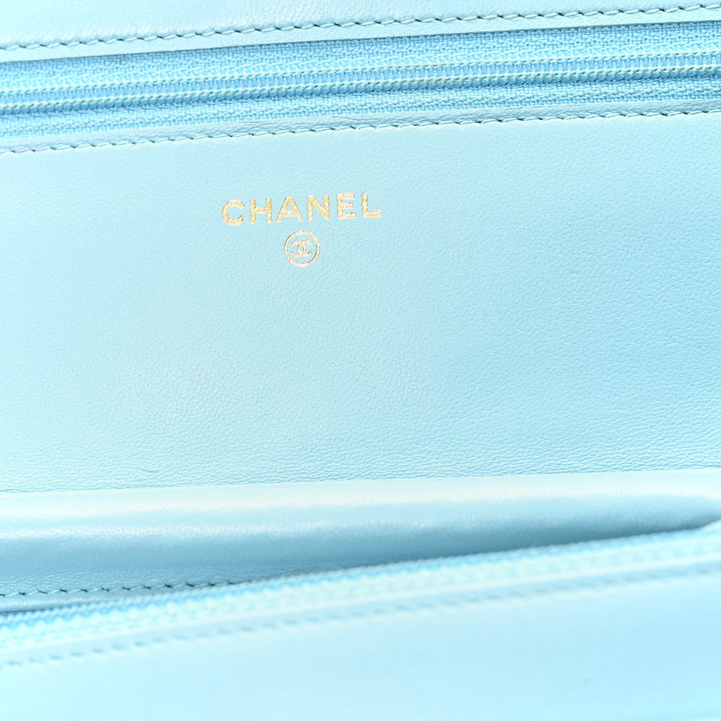 Lambskin Quilted Mini Wallet On Chain WOC Light Blue