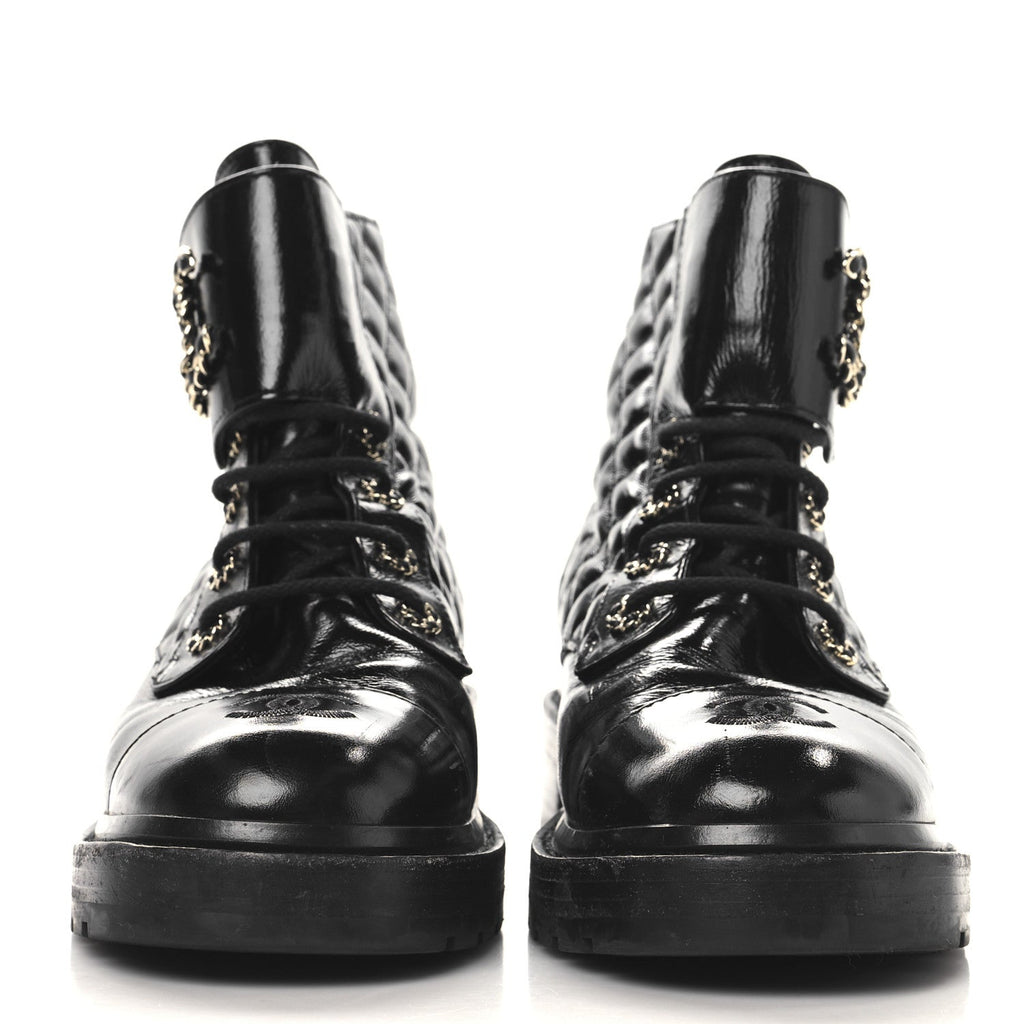 Crumpled Patent Lambskin Calfskin Quilted Lace Up Combat Boots 39.5 Black