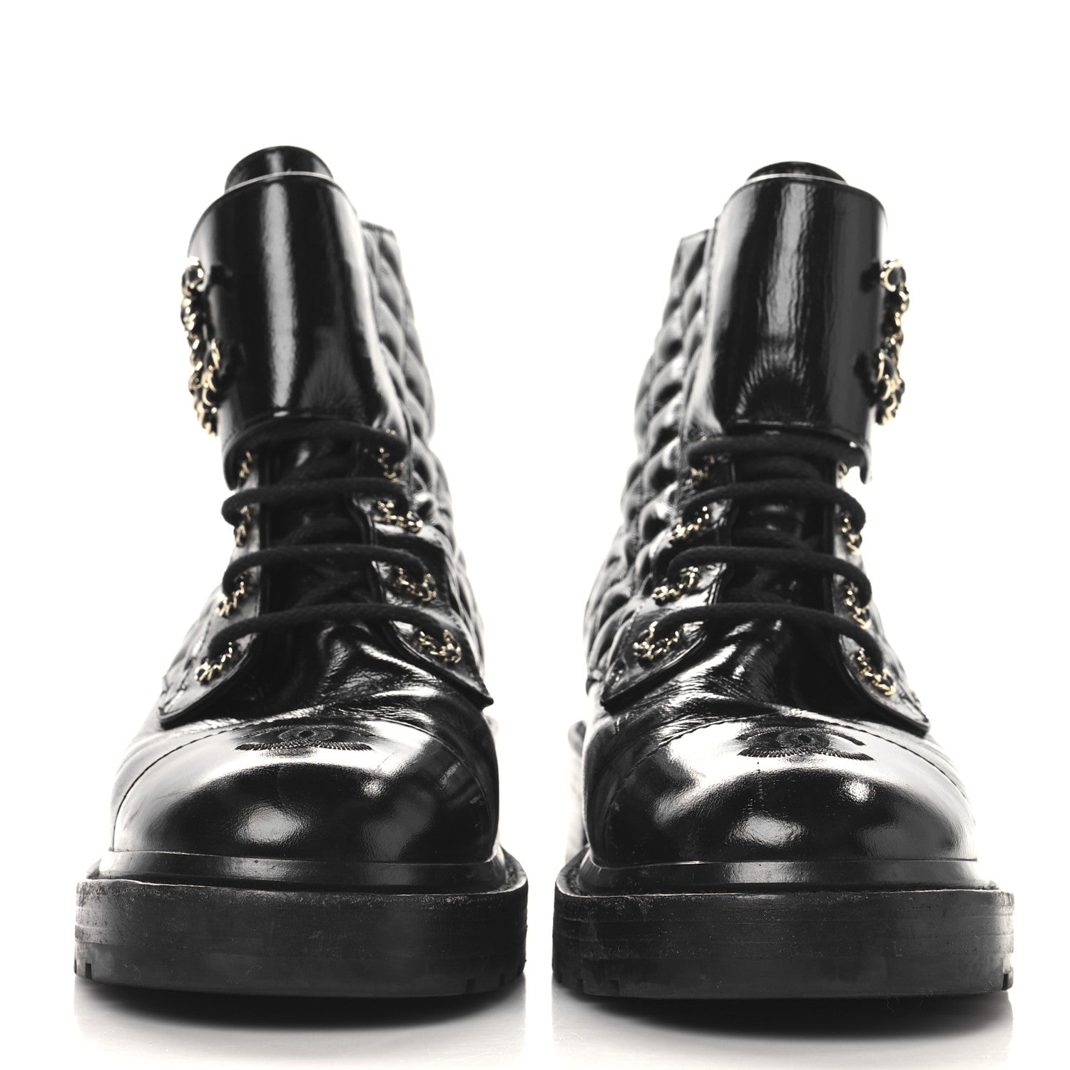 Crumpled Patent Lambskin Calfskin Quilted Lace Up Combat Boots 39.5 Black