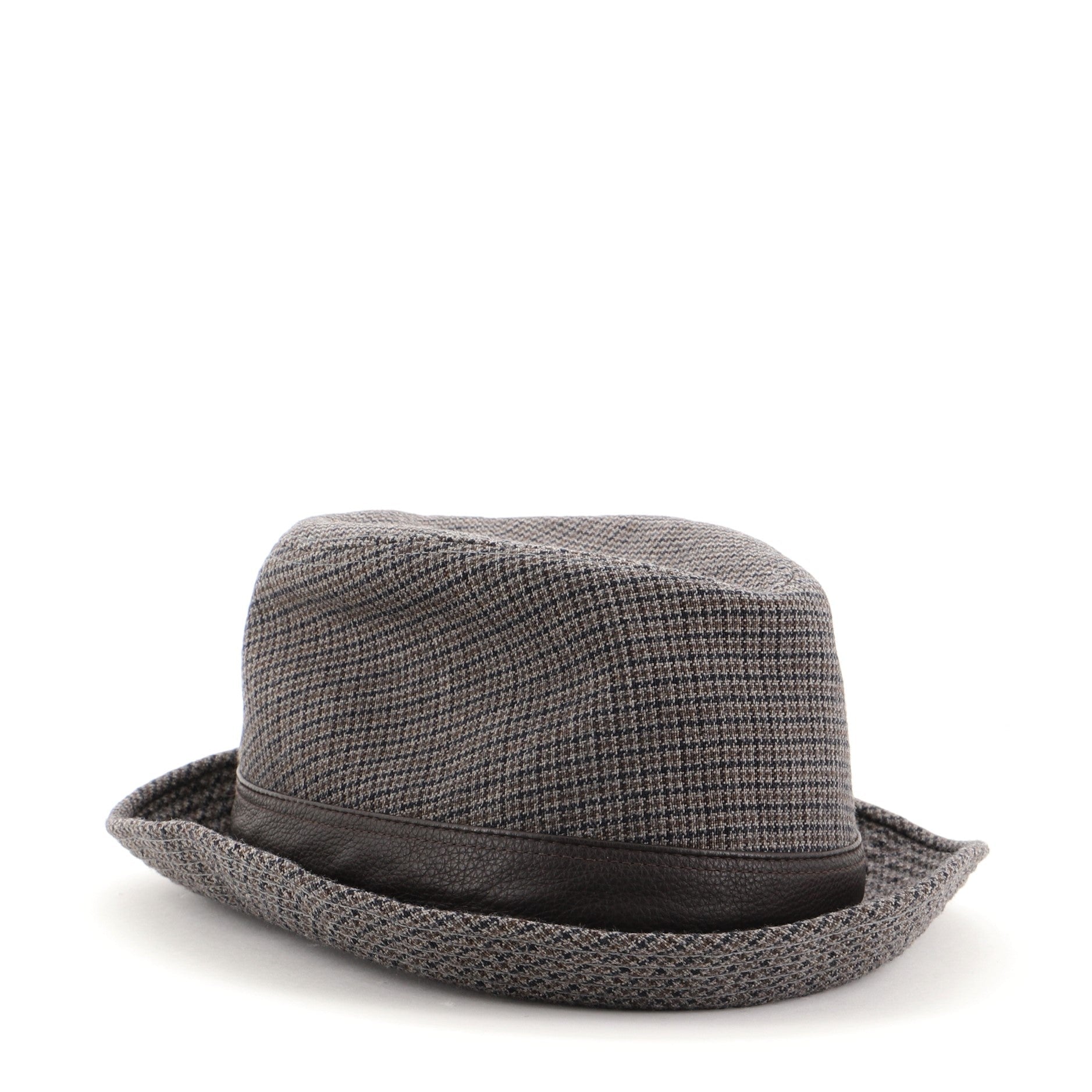Fedora Hat Houndstooth Wool with Leather Large