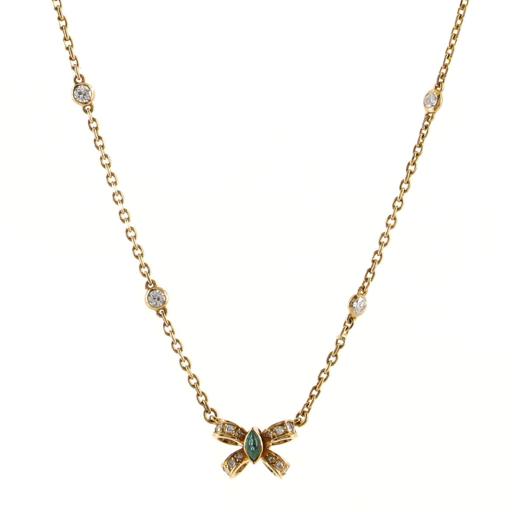 Vintage Bow Pendant Necklace 18K Yellow Gold with Emerald and Diamonds