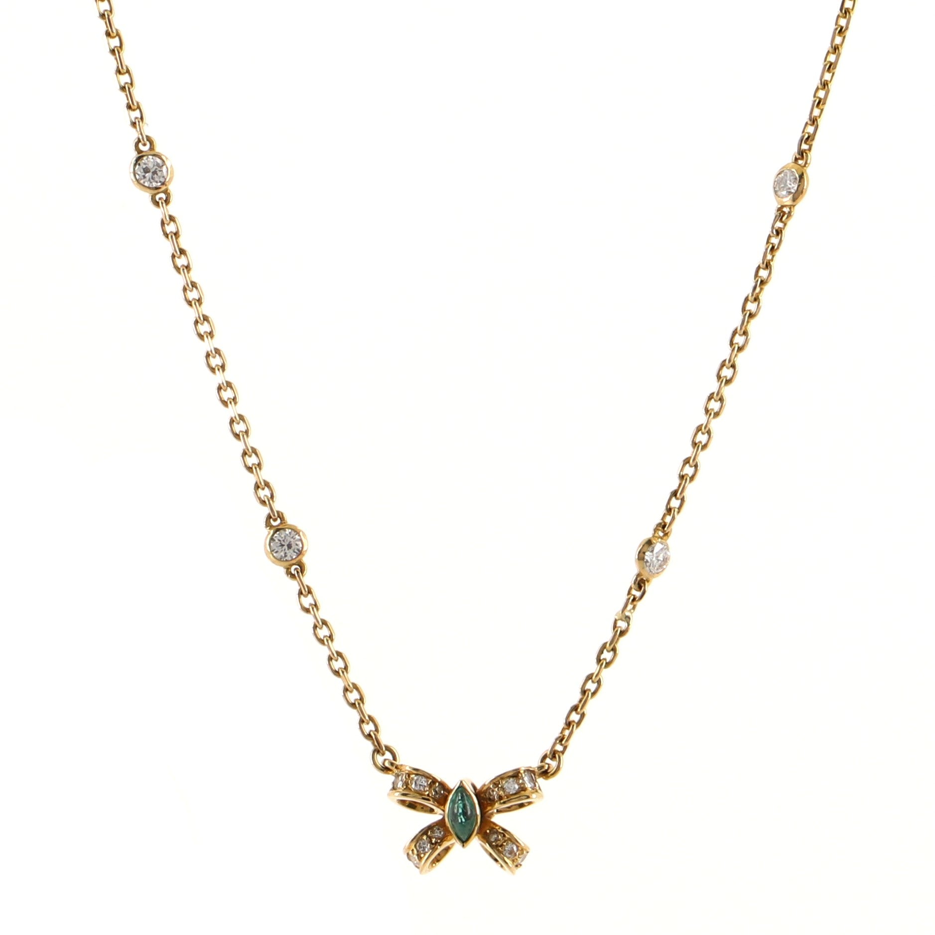 Vintage Bow Pendant Necklace 18K Yellow Gold with Emerald and Diamonds