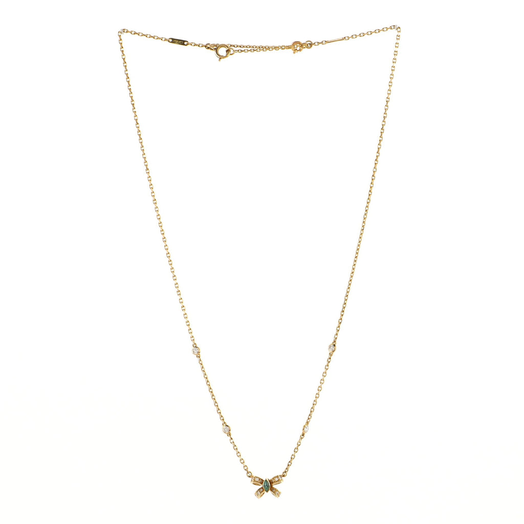 Vintage Bow Pendant Necklace 18K Yellow Gold with Emerald and Diamonds