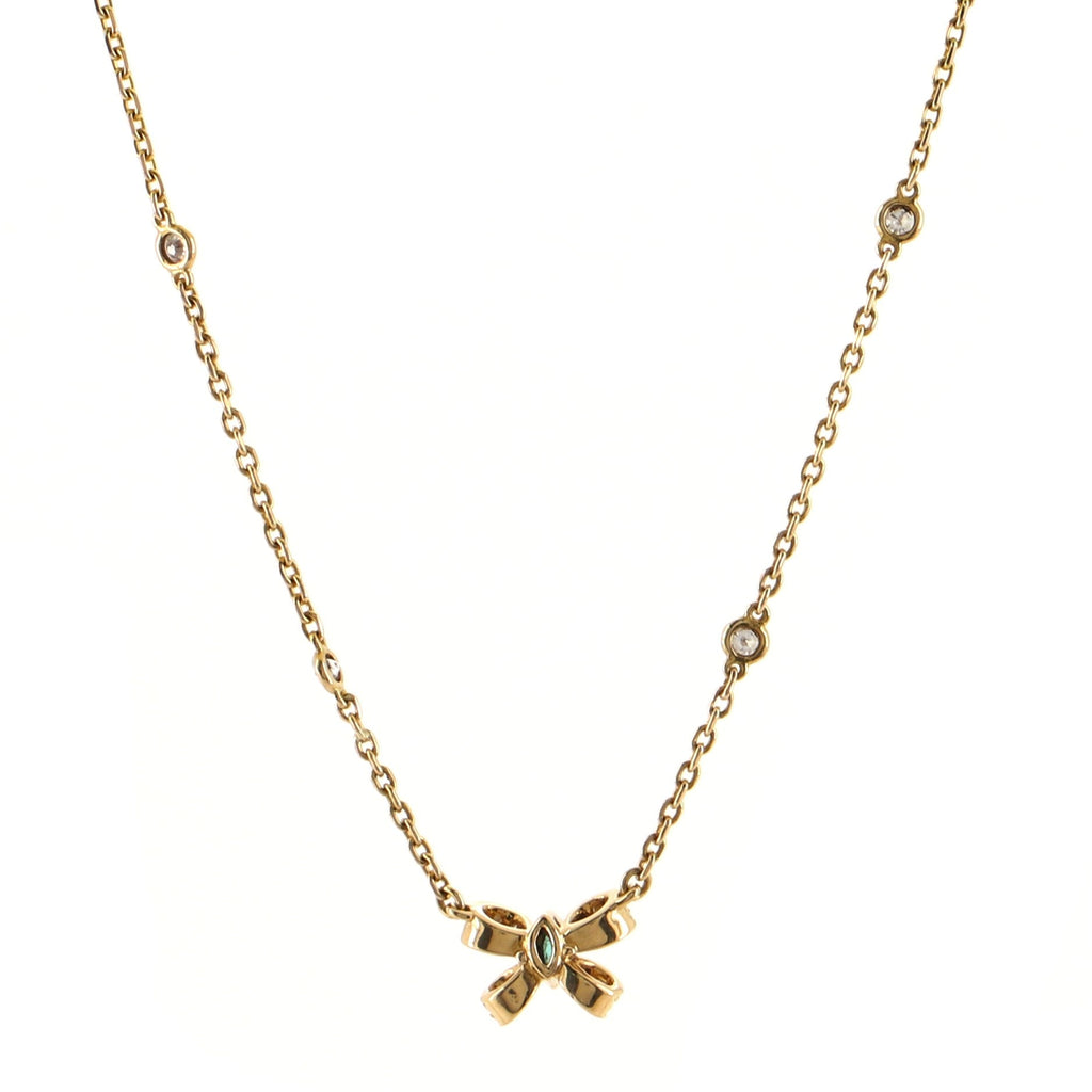 Vintage Bow Pendant Necklace 18K Yellow Gold with Emerald and Diamonds