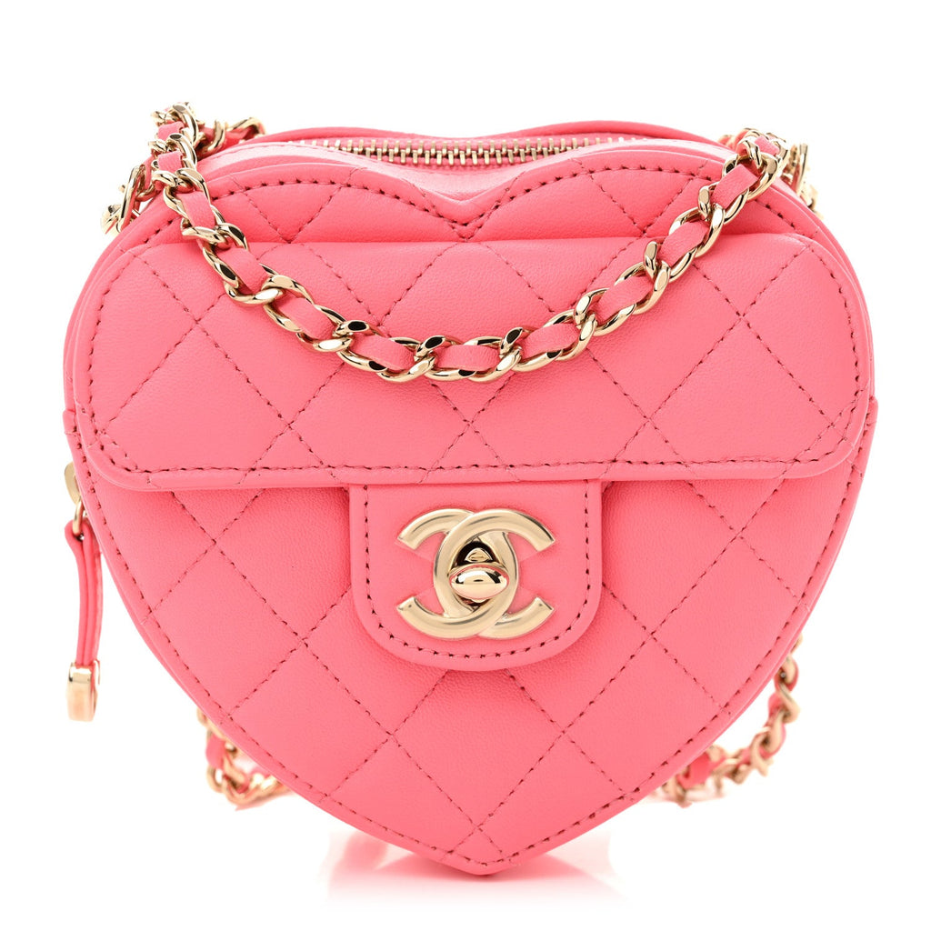 Lambskin Quilted CC In Love Heart Clutch With Chain Pink