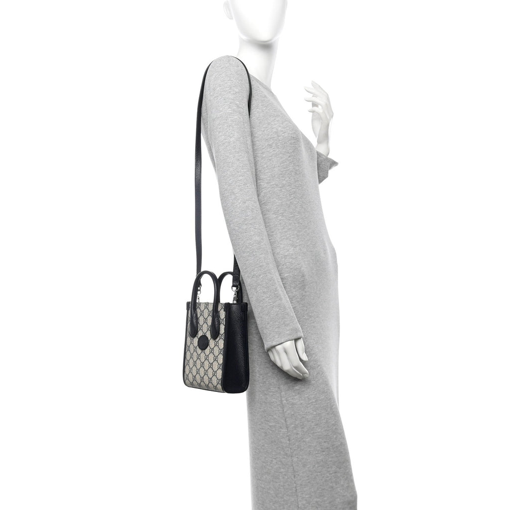 GG Supreme Monogram Textured Dollar Calfskin Mini Retro Interlocking G Tote Bag Beige Blue
