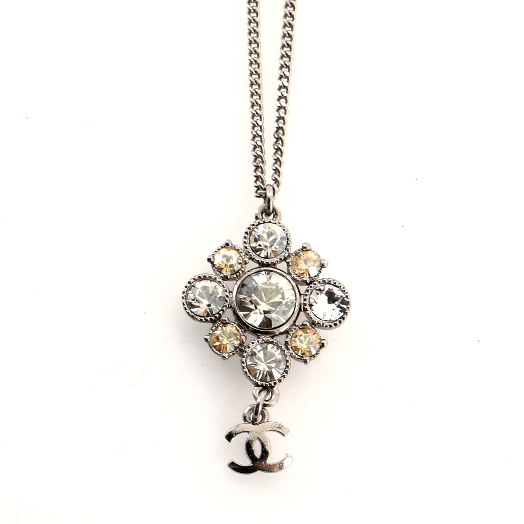 CC Flower Drop Pendant Metal and Crystal Necklace