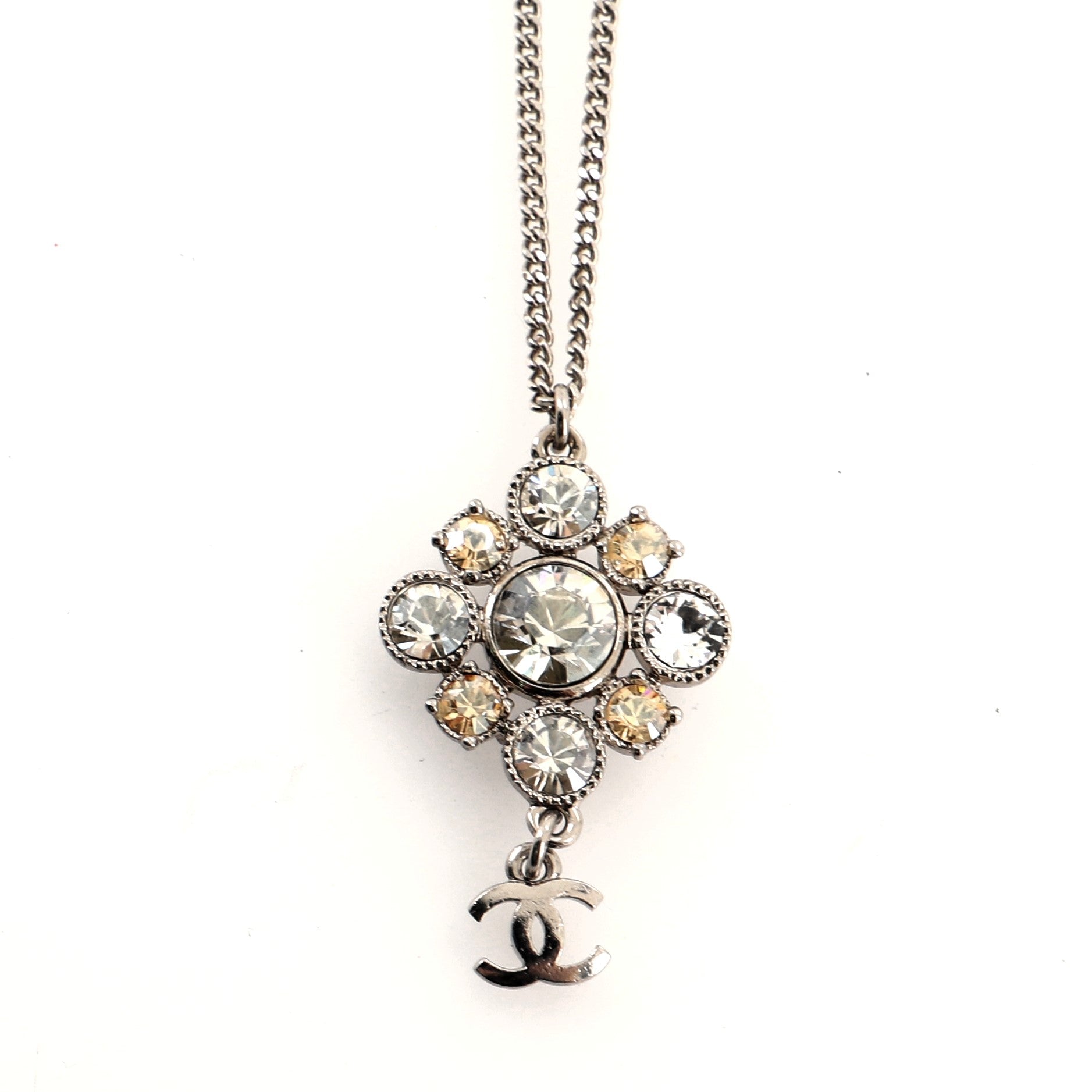 CC Flower Drop Pendant Metal and Crystal Necklace
