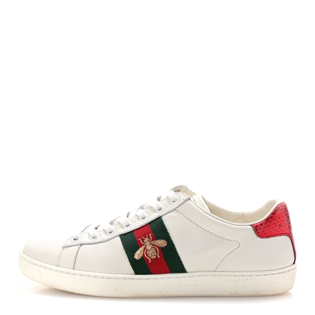 Calfskin Ayers Bee Embroidered Womens Ace Sneakers 36 White Green