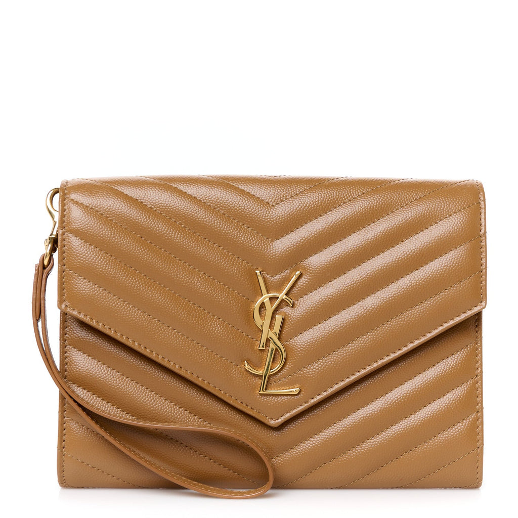 Grain De Poudre Matelasse Chevron Monogram Cassandre Flap Pouch Natural Dark