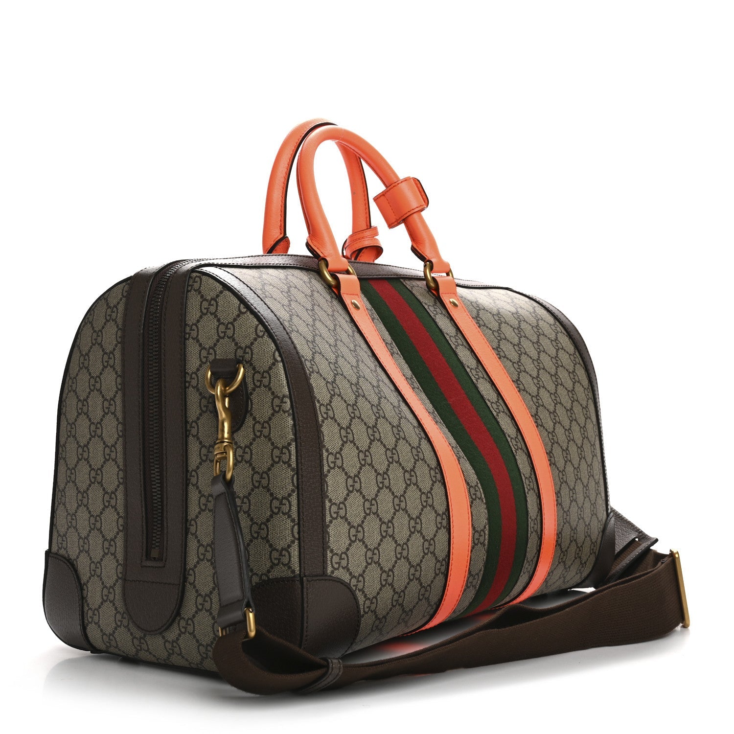 GG Supreme Monogram Textured Dollar Calfskin Web Medium Savoy Duffle Bag Beige Ebony Fluorescent Orange
