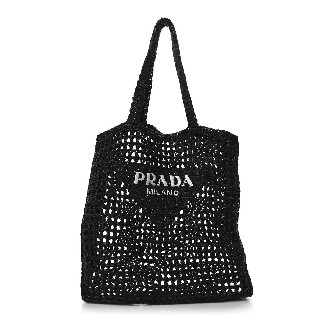Yarn Raffia Effect Crochet Logo Embroidered Tote Bag Black