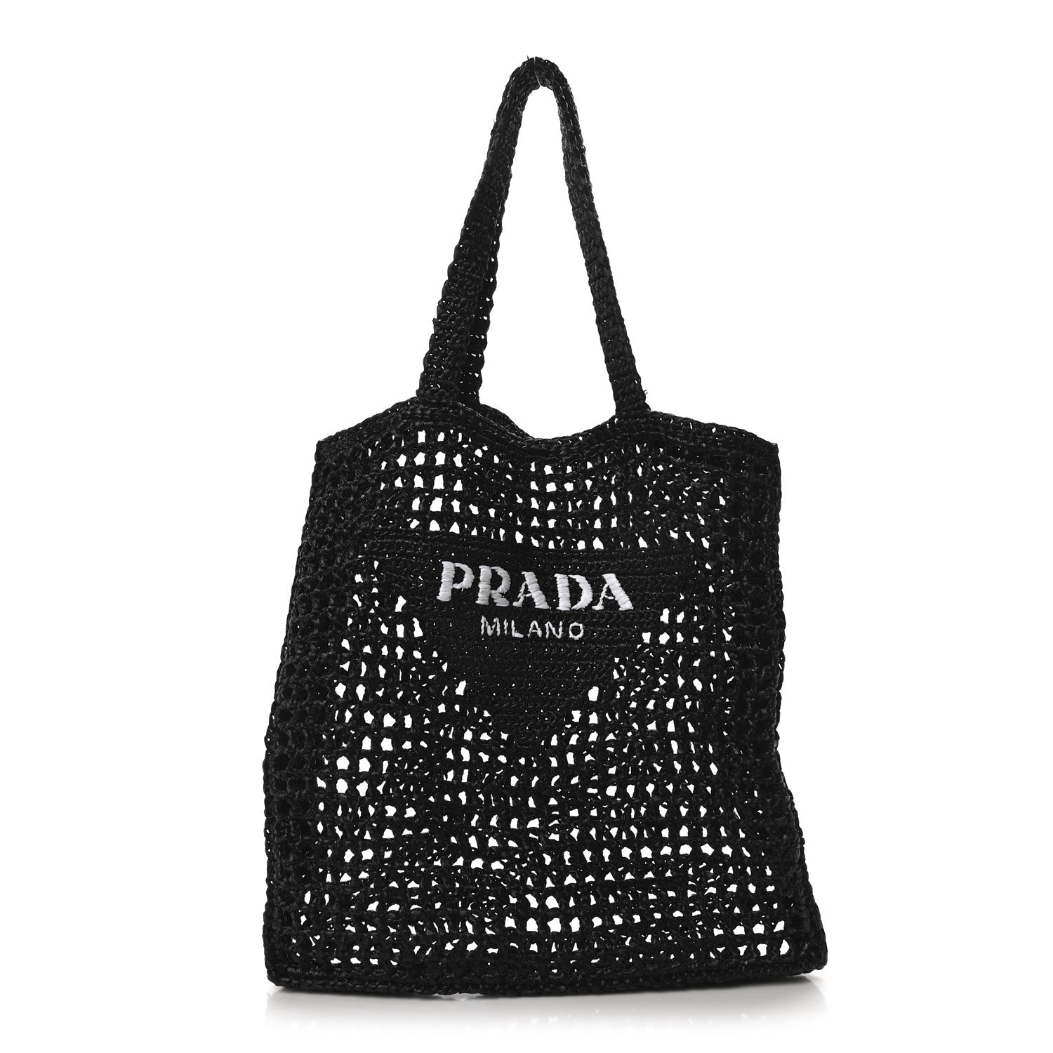 Yarn Raffia Effect Crochet Logo Embroidered Tote Bag Black