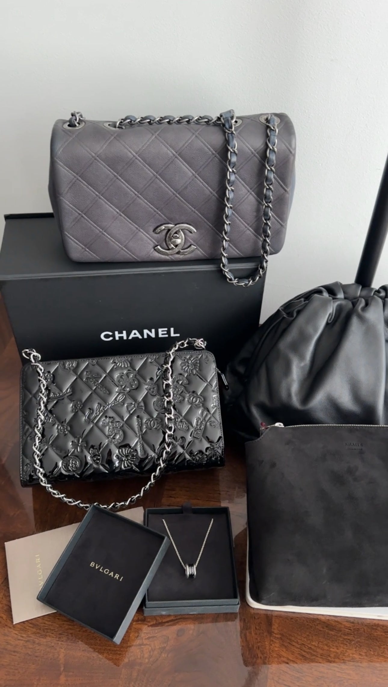 Chanel Black Patent Leather 2006-8 Lucky Symbols Pochette Bag