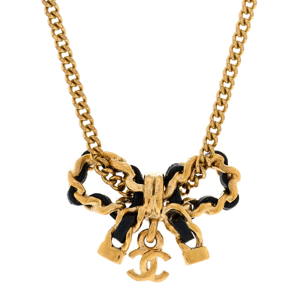 Metal Lambskin Chain CC Bow Necklace Black Gold