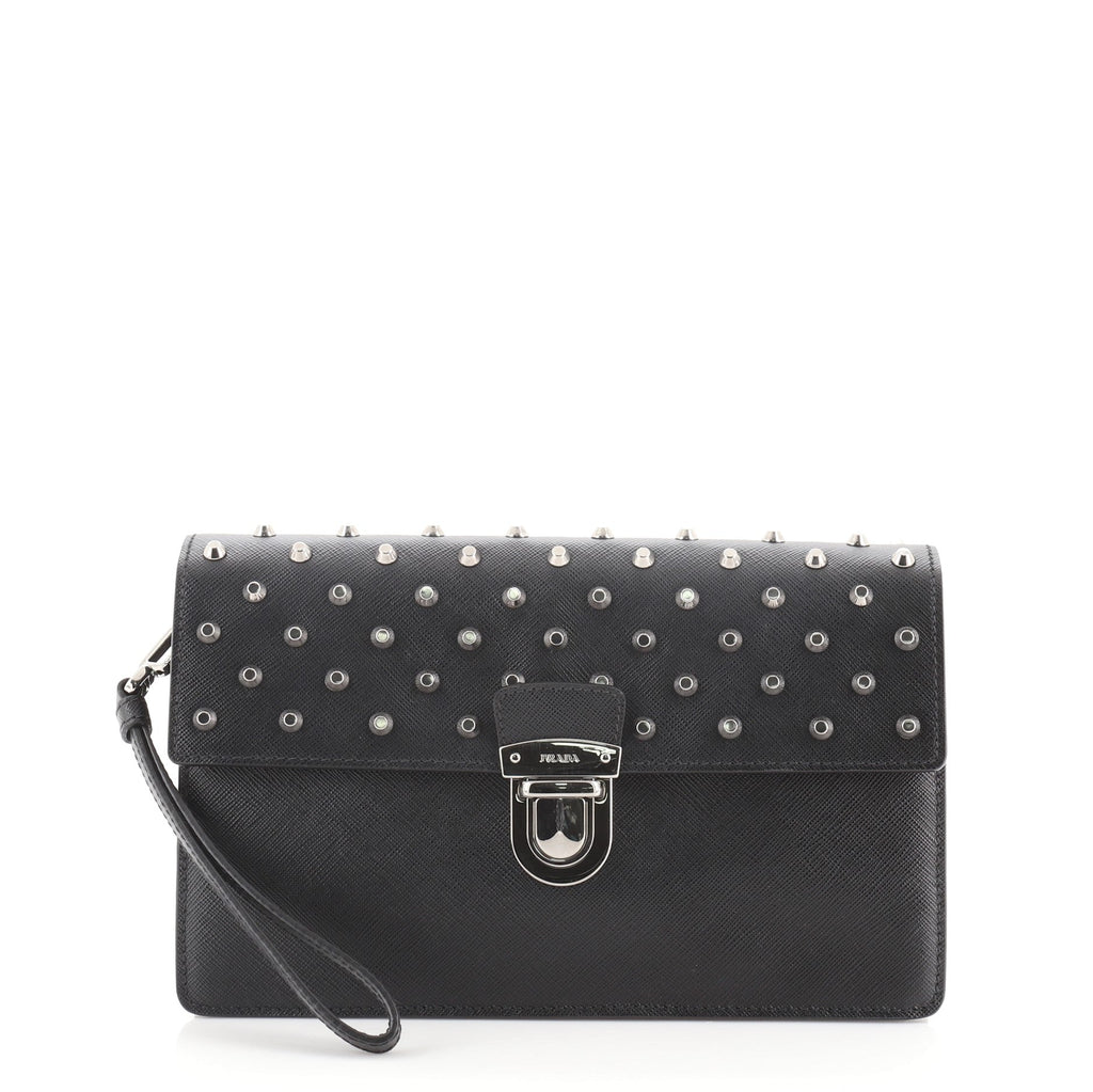 Pushlock Wristlet Clutch Studded Saffiano Leather Medium