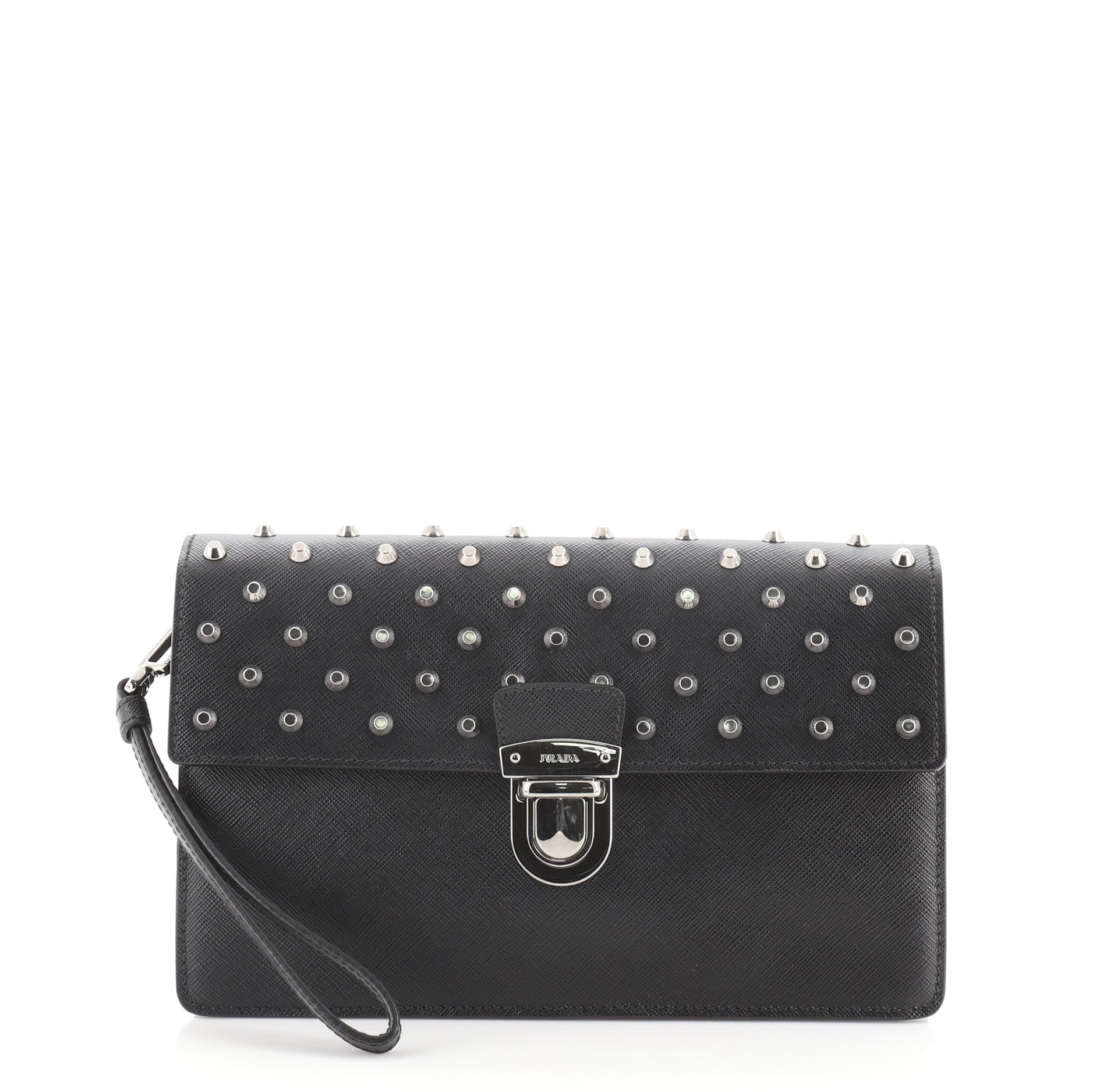 Pushlock Wristlet Clutch Studded Saffiano Leather Medium