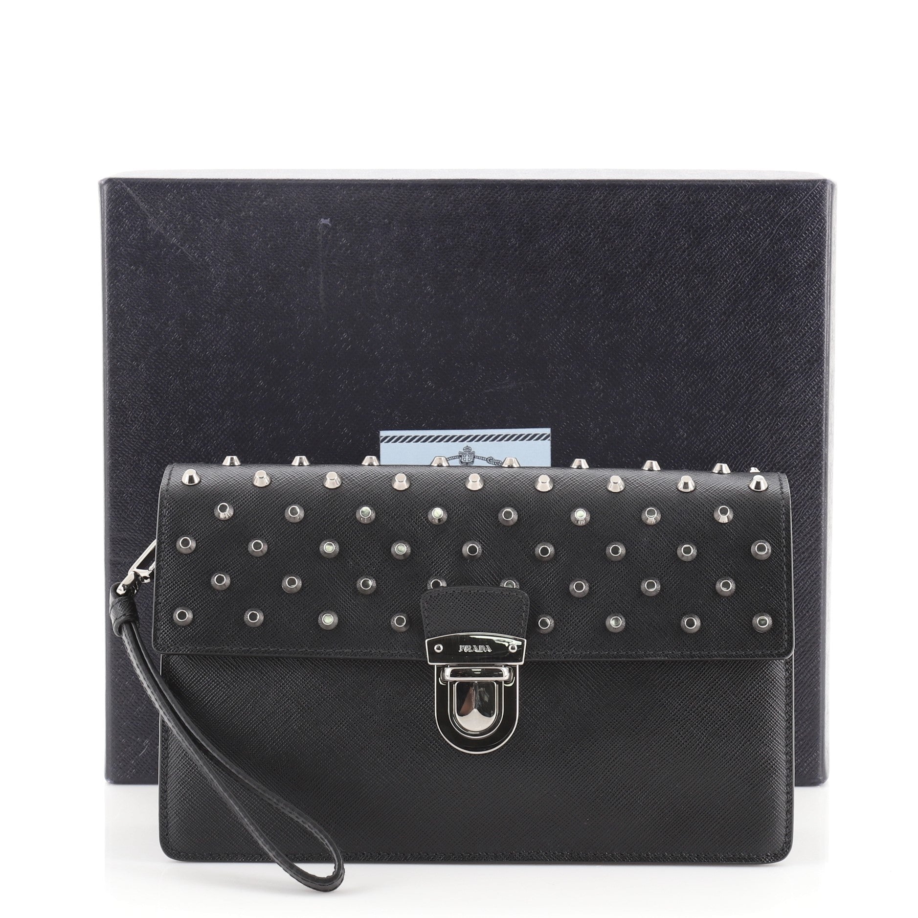 Pushlock Wristlet Clutch Studded Saffiano Leather Medium