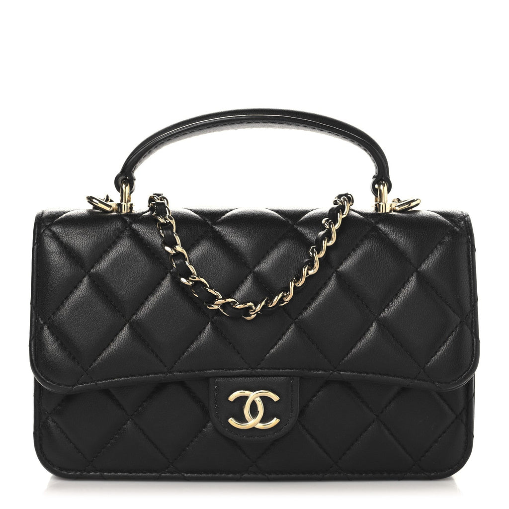 Lambskin Quilted Flap Phone Holder With Chain Black