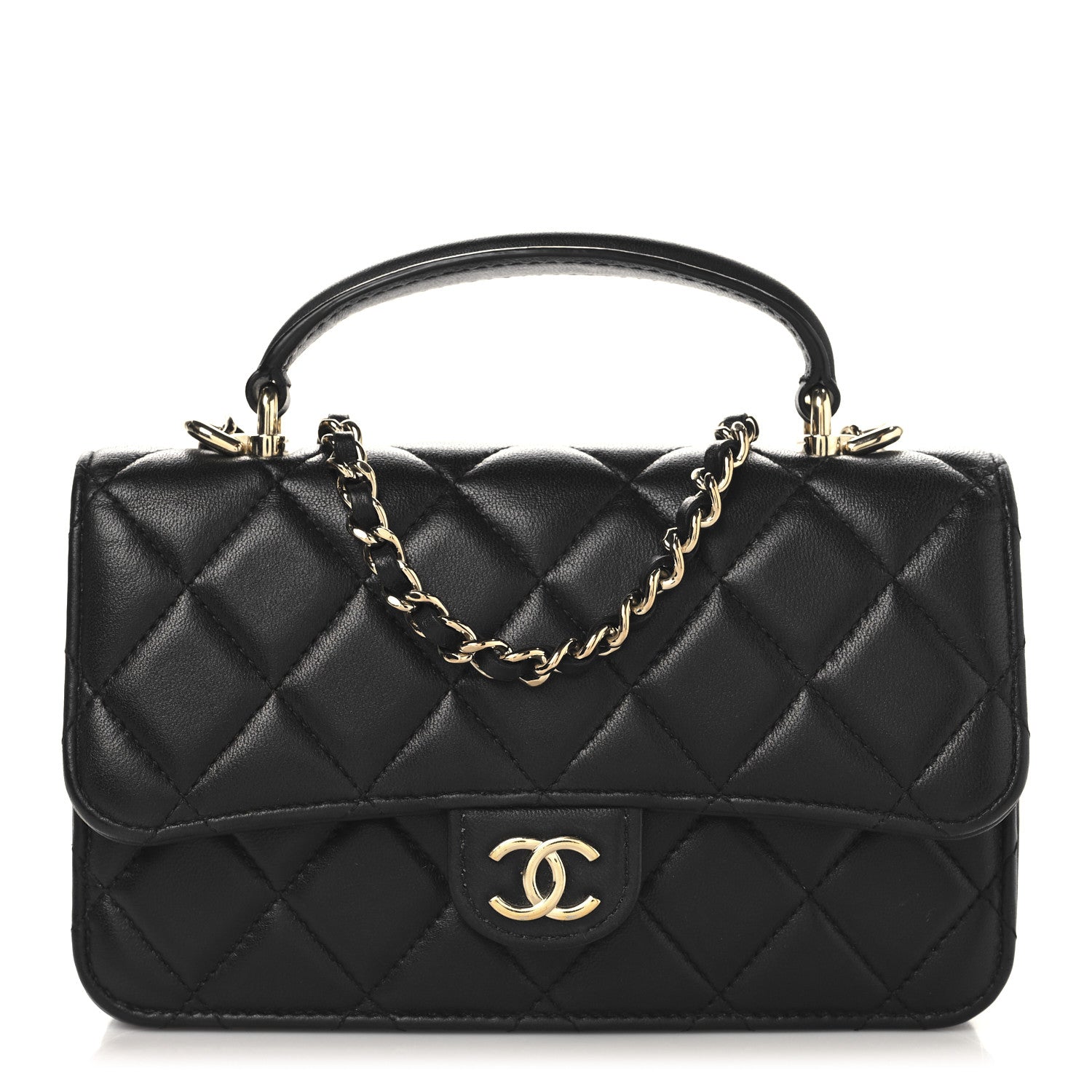 Lambskin Quilted Flap Phone Holder With Chain Black