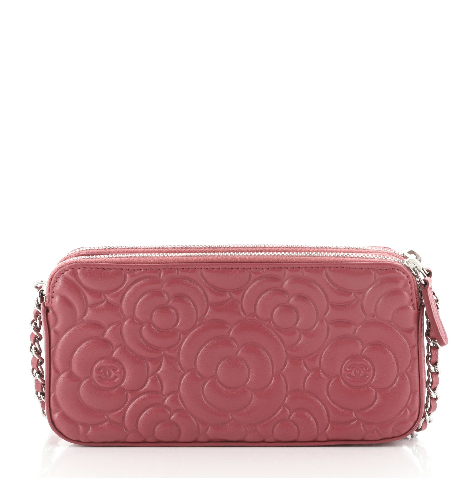 Double Zip Clutch with Chain Camellia Lambskin