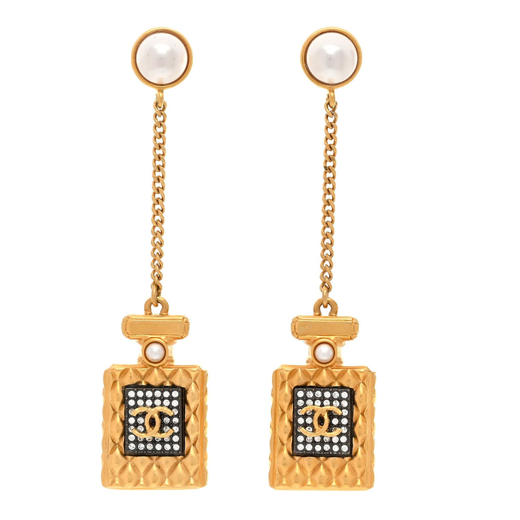 Crystal Pearl CC Perfume Bottle Chain Drop Earrings Gold