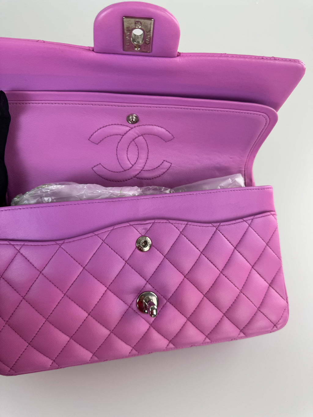 Chanel Medium Classic Double Flap Bag in Purple Leliac Lambskin Leather Silver Hardware