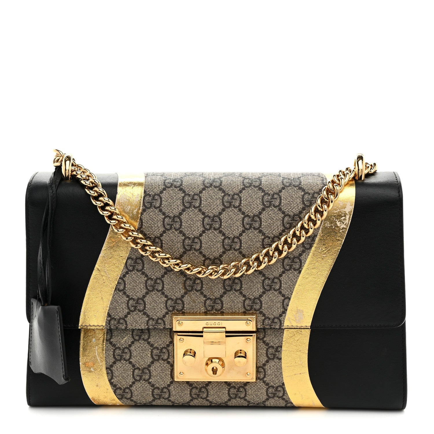 Calfskin GG Supreme Monogram Medium Padlock Shoulder Bag Black Gold