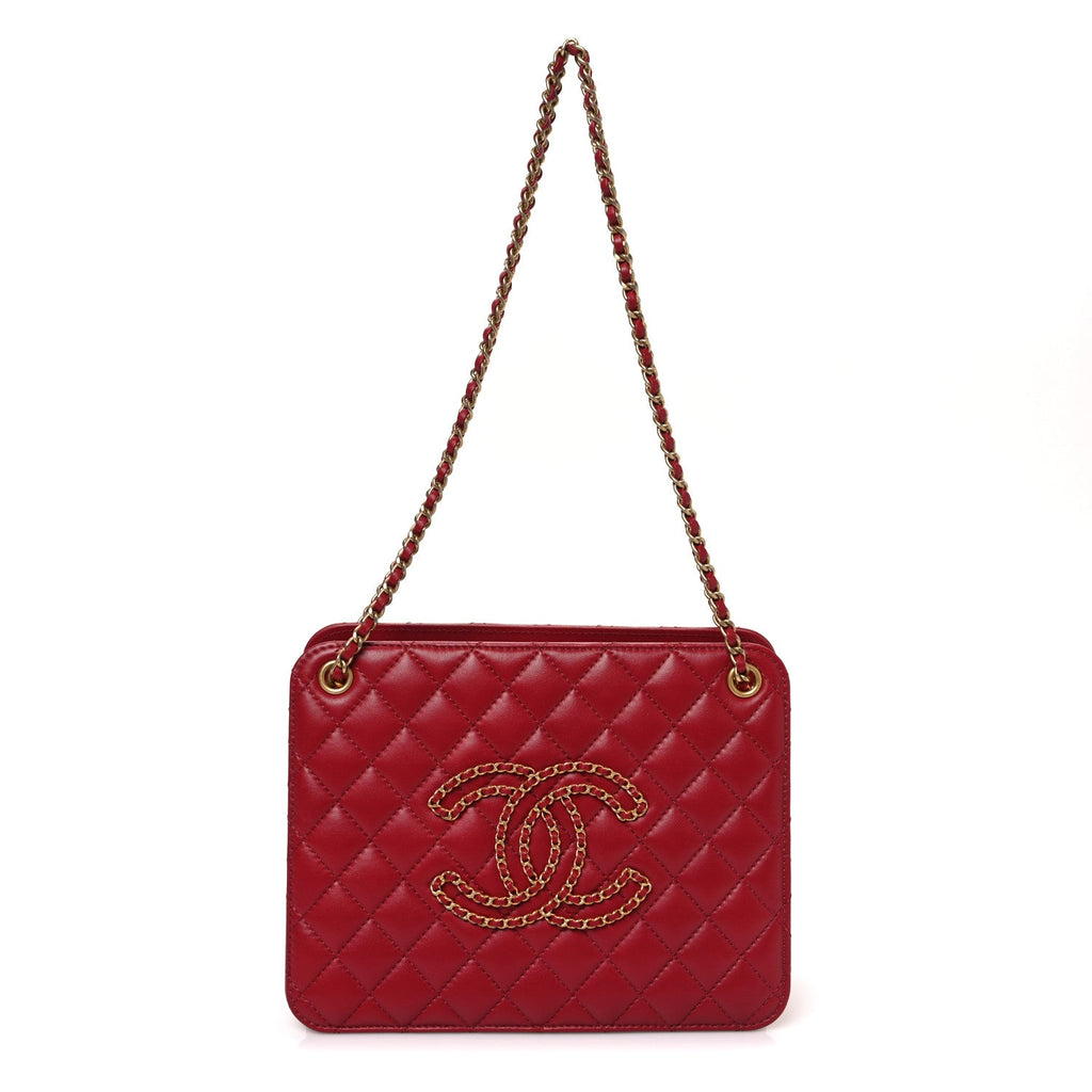 Calfskin Quilted CC Chain Accordion Tote Red