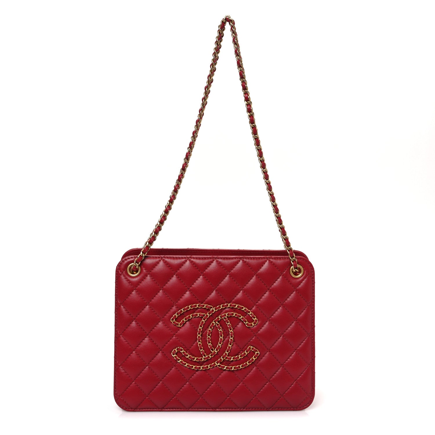 Calfskin Quilted CC Chain Accordion Tote Red